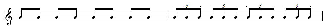 Picture showing eighth notes in one bar and eighth note triplets in the next