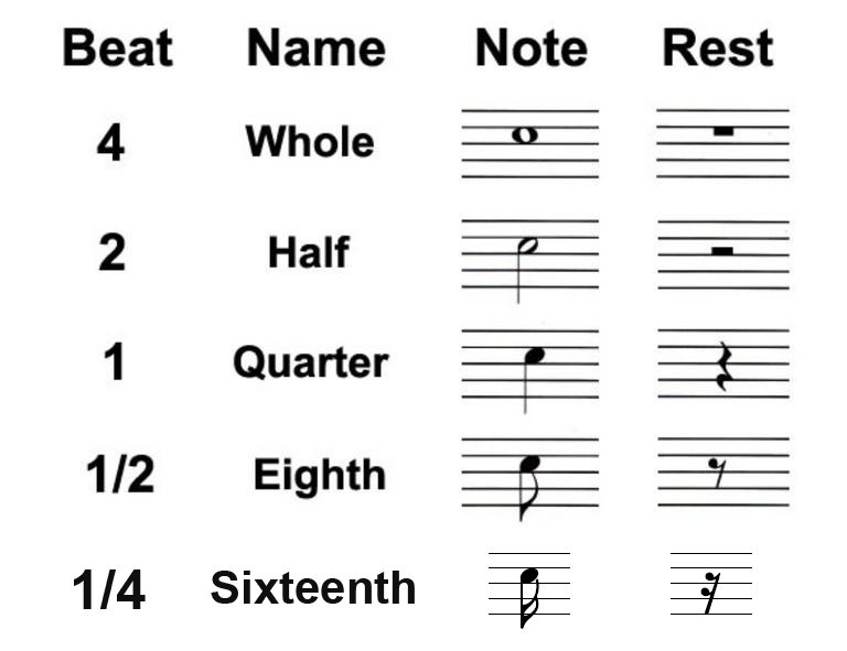 Picture showing note values and their equivalent rest values