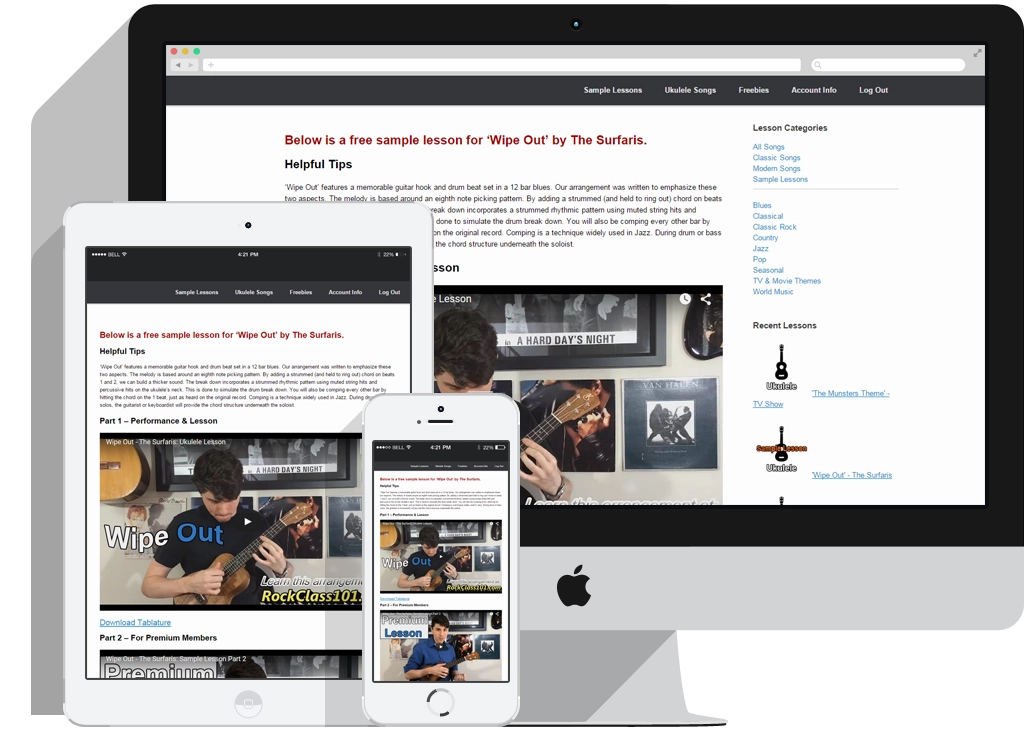Rock Class 101 website displayed on desktop, tablet, and mobile