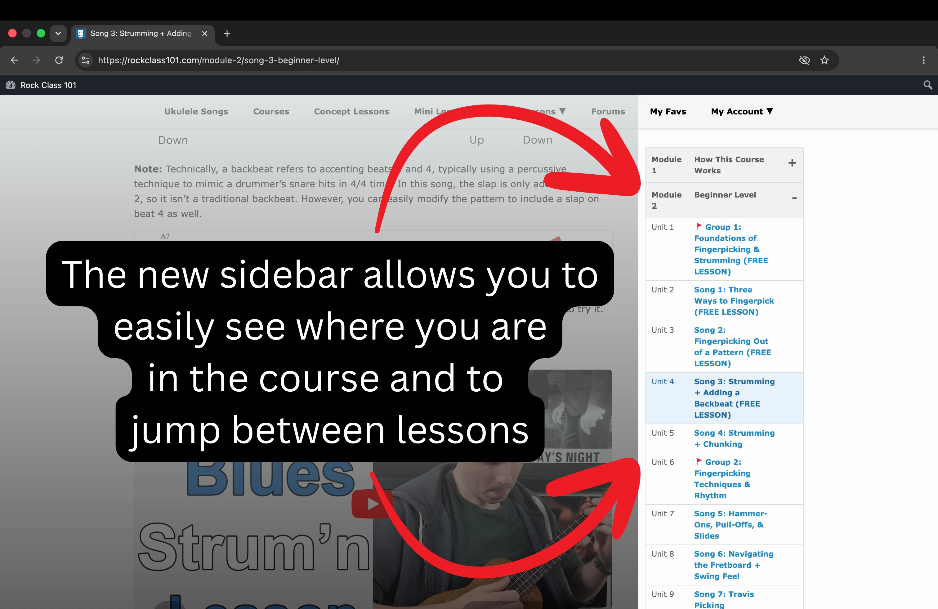 Screenshot shows the new sidebar for courses which allows you to easily see where you are in the course and to jump between lessons