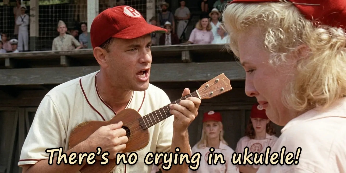 Meme picture of the famous movie line from her own leauge saying: There's no crying in ukulele!