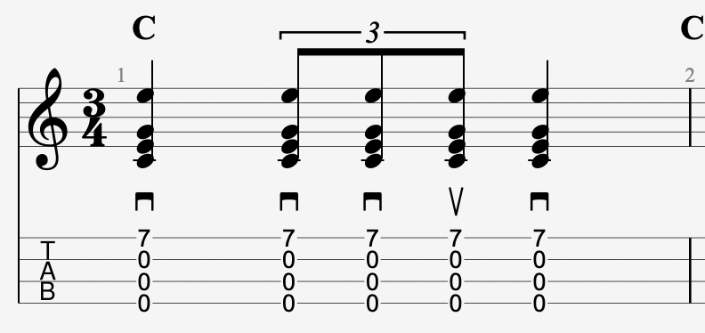 Correct Rhythm for Loke Lani with a triplet on beat 2, quarter notes on beats 1 and 3