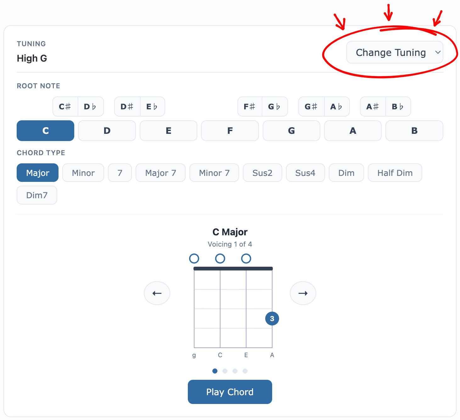 Shows the Chord Library Tool with a red circle around the drop down menu that allows you to switch between ukulele tunings